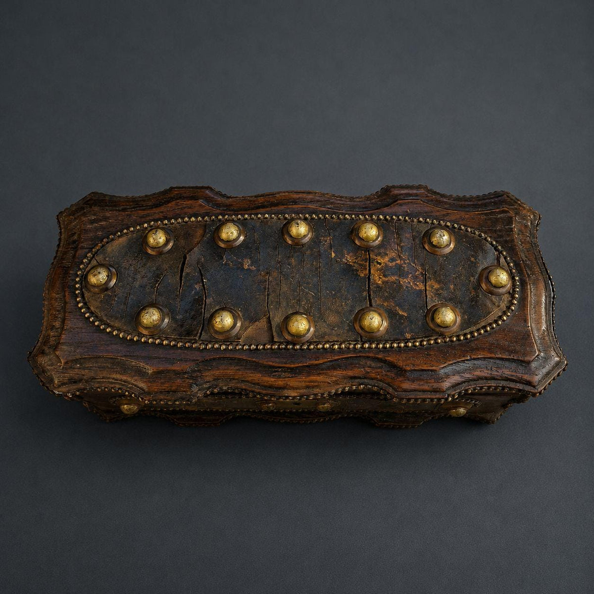 Antique 19th Century Neo-Renaissance Oak Casket, Studded Mottled Plaques and Gilt Caryatid Mask Mounts, Long Glove or Jewelry Box