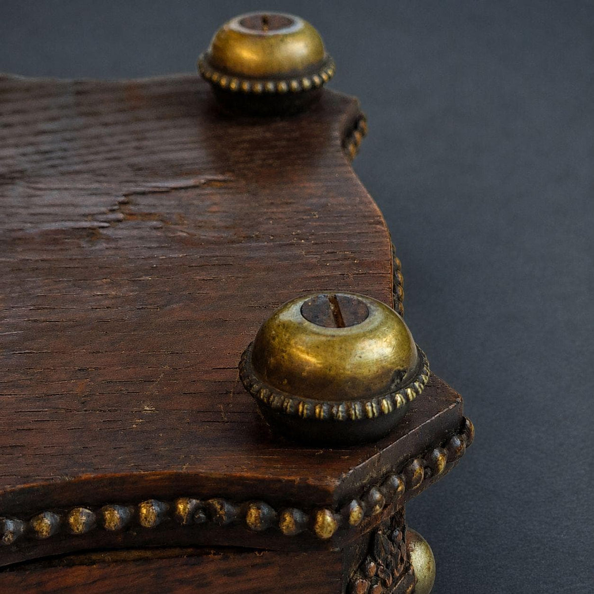 Antique 19th Century Neo-Renaissance Oak Casket, Studded Mottled Plaques and Gilt Caryatid Mask Mounts, Long Glove or Jewelry Box