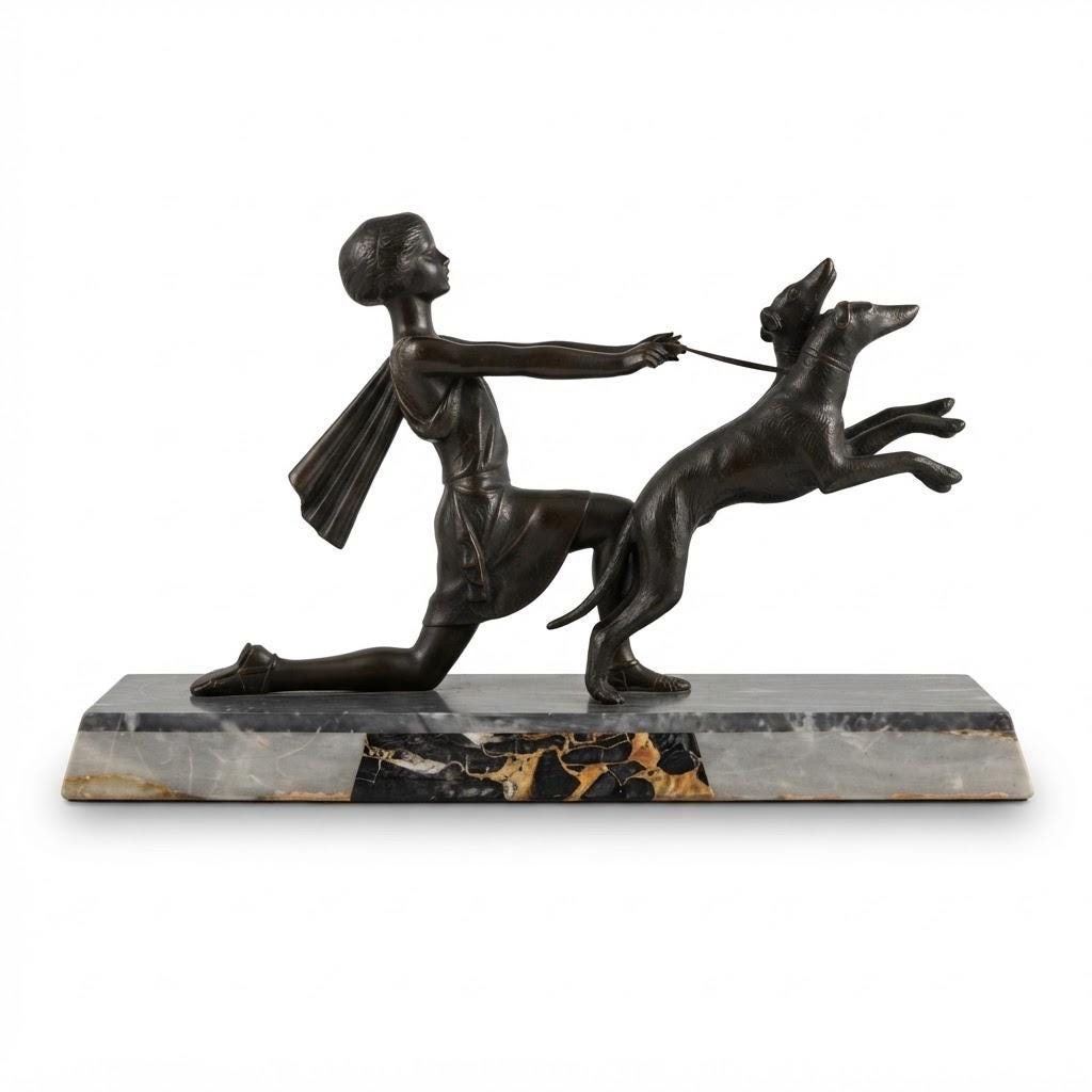 Vintage Art Deco Spelter Sculpture of a Kneeling Woman with Two Leaping Greyhounds on Marble Base, 1920s French Statue