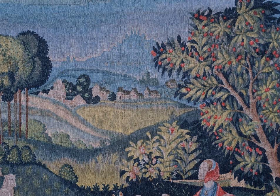 Vintage Robert Four Aubusson Silkscreen Tapestry Replica, Concert Champetre Medieval Lady with Lute and Sheep, 71 x 55 in