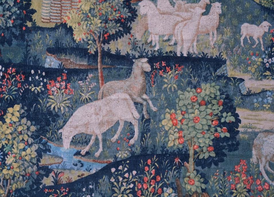 Vintage Robert Four Aubusson Silkscreen Tapestry Replica, Concert Champetre Medieval Lady with Lute and Sheep, 71 x 55 in