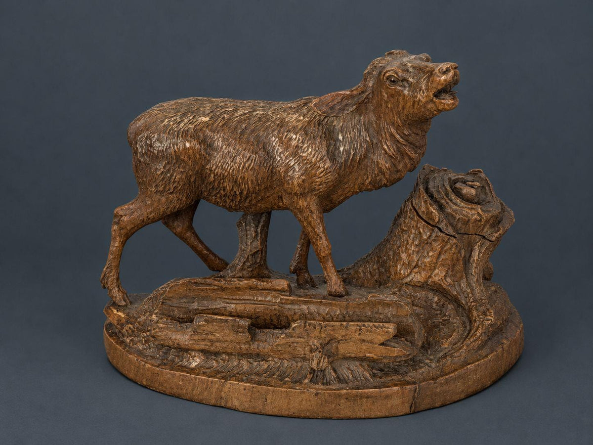 Antique 19th Century Black Forest Carved Wood Stag Desk Stand, Bellowing Deer with Pen Tray and Inkwell Stump, As Found