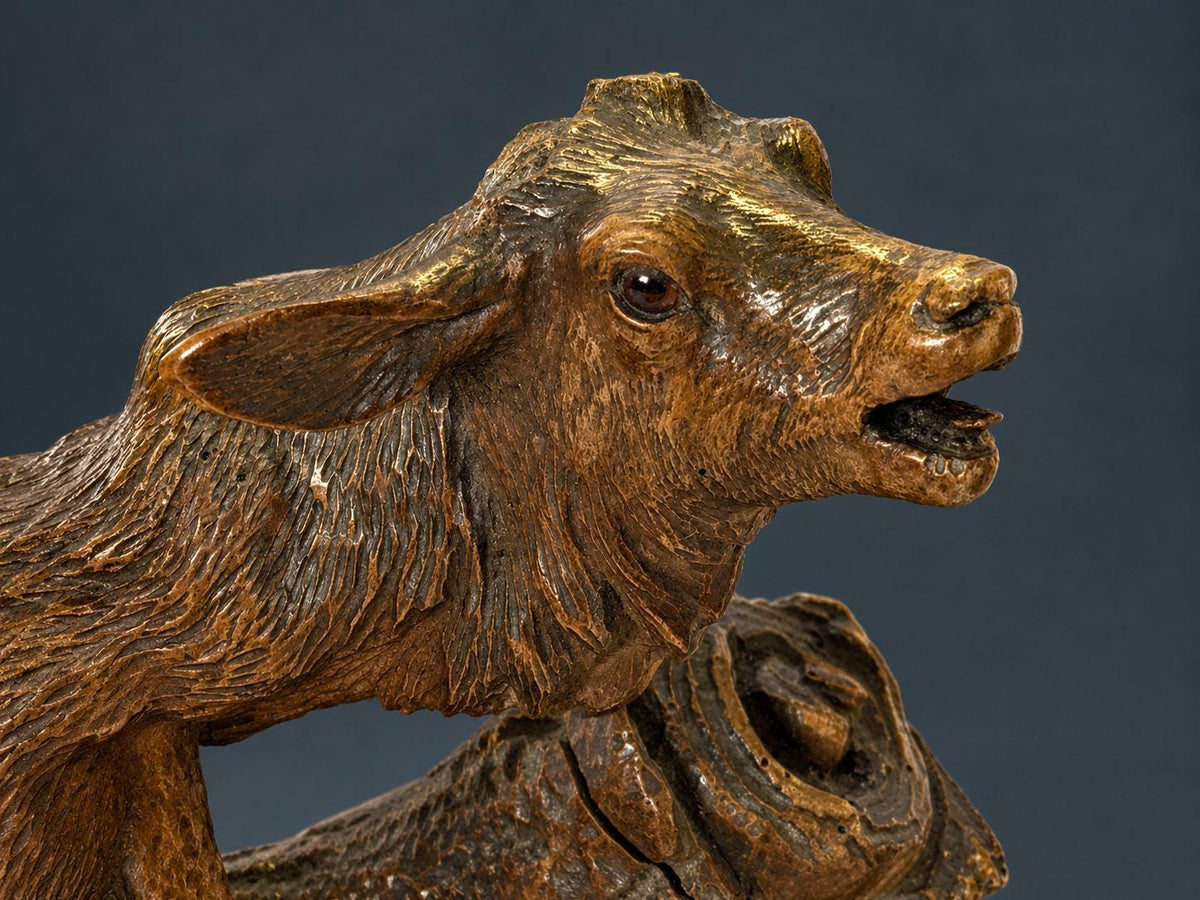 Antique 19th Century Black Forest Carved Wood Stag Desk Stand, Bellowing Deer with Pen Tray and Inkwell Stump, As Found