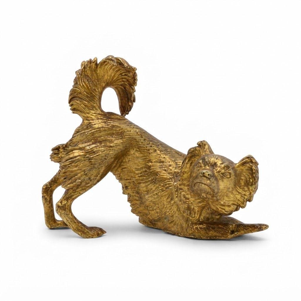 Vintage Susse Freres Gilt Bronze Dog Figurine, Playful Pekingese in Play Bow with Plumed Tail, Foundry Marked, French Desk Decor