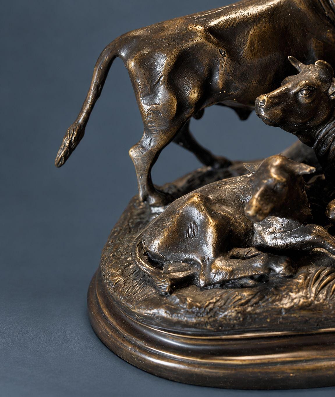 Vintage Bronze Bull, Cow and Calf Sculpture After Jules Moigniez, Signed Cast, Cattle Family by a Rustic Fence, Animalier Decor