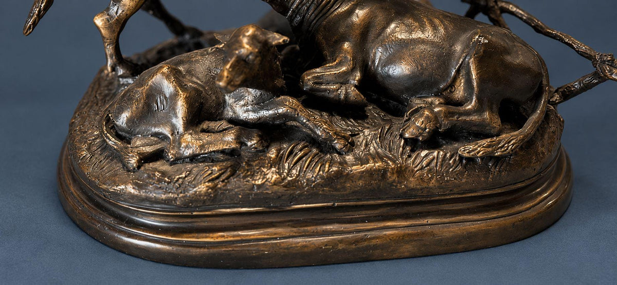 Vintage Bronze Bull, Cow and Calf Sculpture After Jules Moigniez, Signed Cast, Cattle Family by a Rustic Fence, Animalier Decor