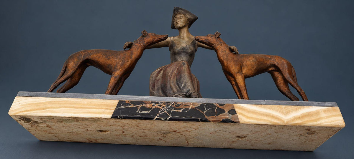 Vintage Art Deco Spelter Sculpture, Seated Young Woman Embracing Two Greyhounds, Marble and Onyx Base, 1930s Mantel Statue