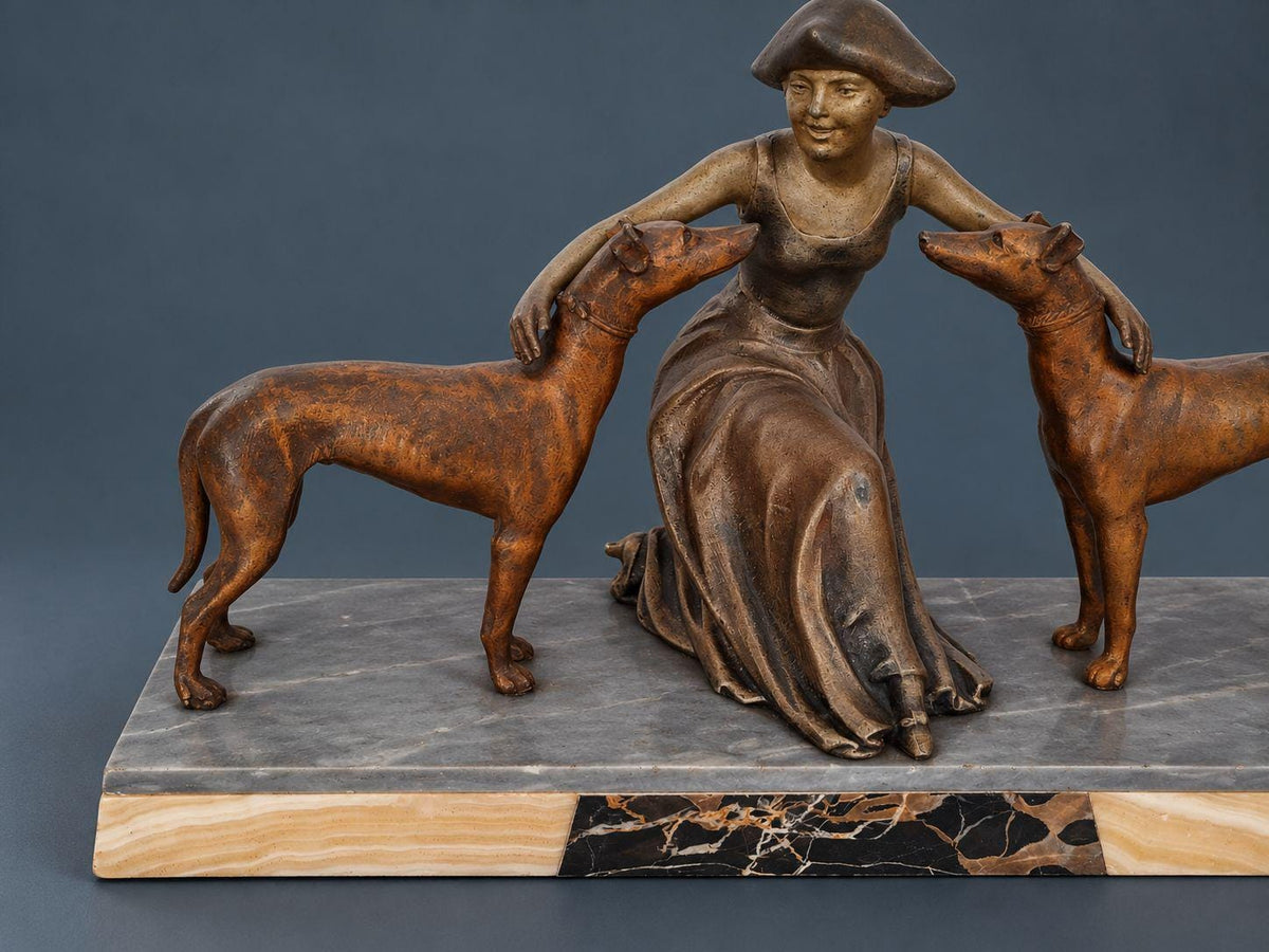 Vintage Art Deco Spelter Sculpture, Seated Young Woman Embracing Two Greyhounds, Marble and Onyx Base, 1930s Mantel Statue