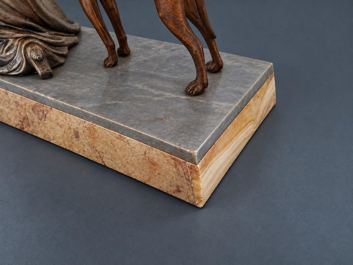 Vintage Art Deco Spelter Sculpture, Seated Young Woman Embracing Two Greyhounds, Marble and Onyx Base, 1930s Mantel Statue