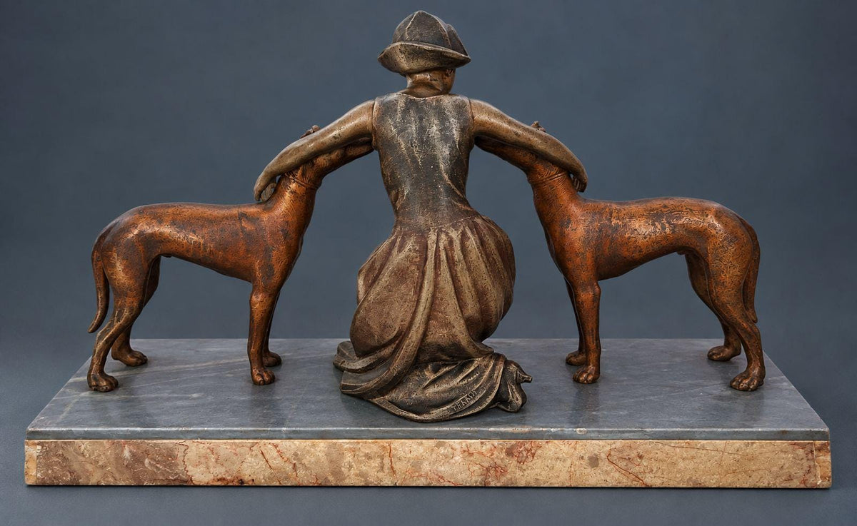 Vintage Art Deco Spelter Sculpture, Seated Young Woman Embracing Two Greyhounds, Marble and Onyx Base, 1930s Mantel Statue