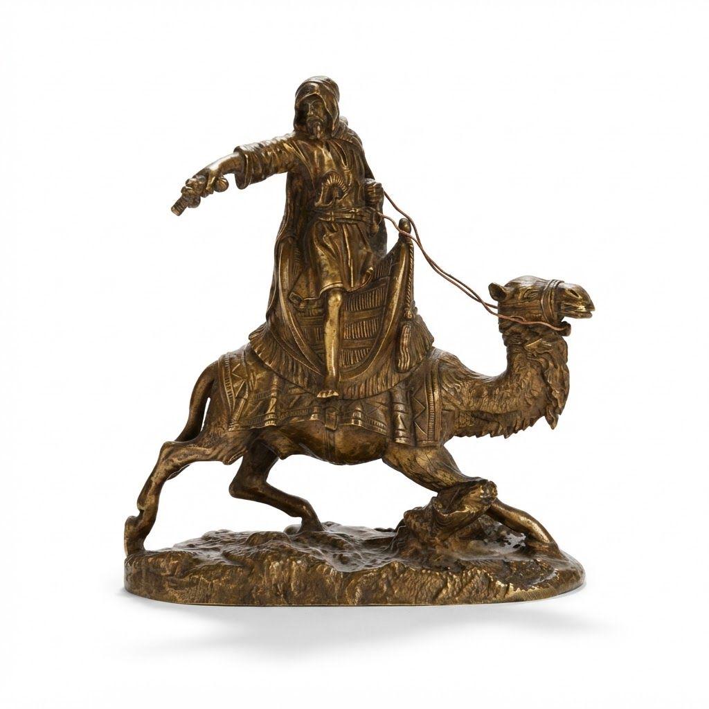 Antique Vienna Style Patinated Bronze Bedouin Rider on Camel, Orientalist Sculpture with Pistol and Wire Reins, circa 1900