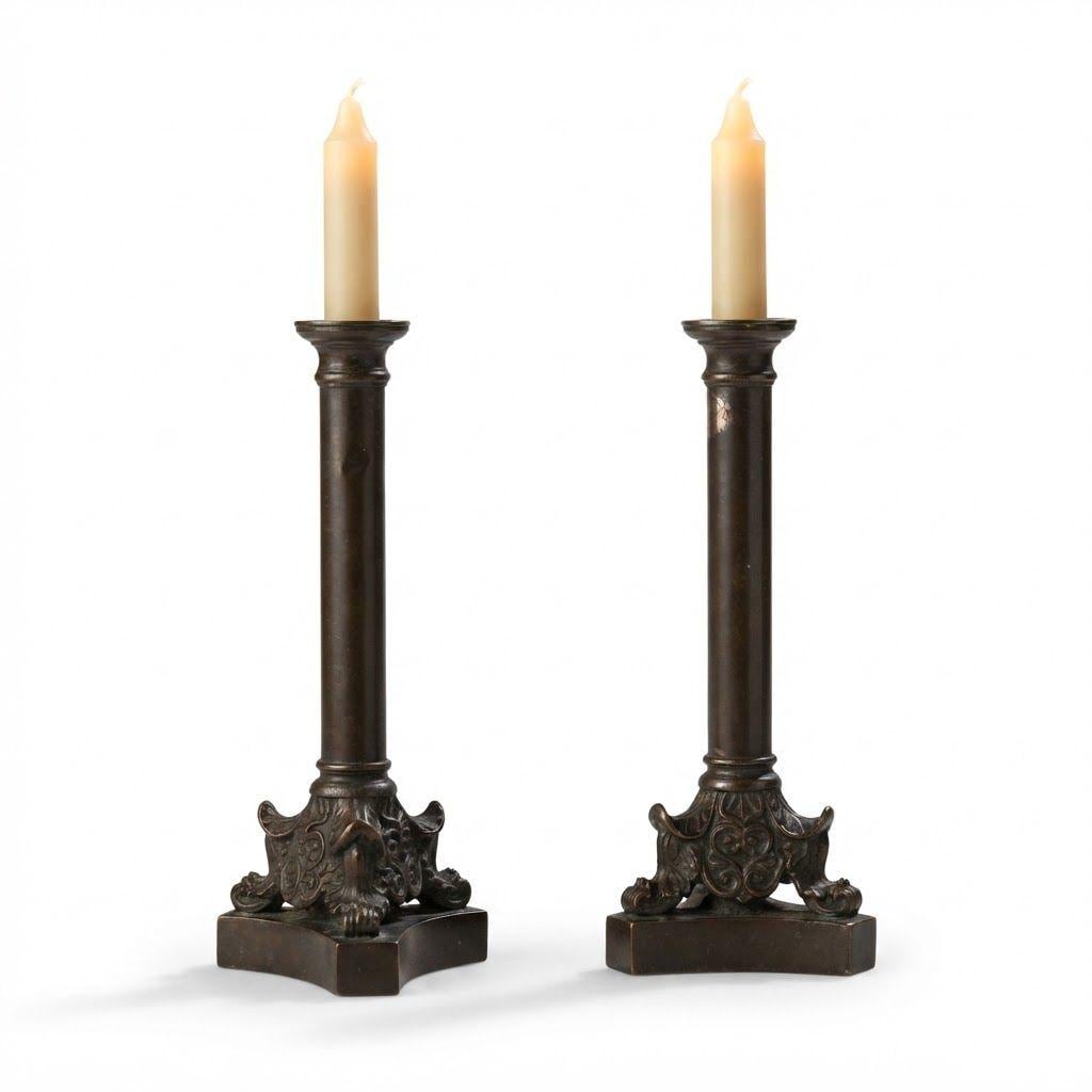 Pair of Antique French Asteare Patent Candlesticks, Spring-Loaded Column Candle Holders with Acanthus Tripod Bases, circa 1850