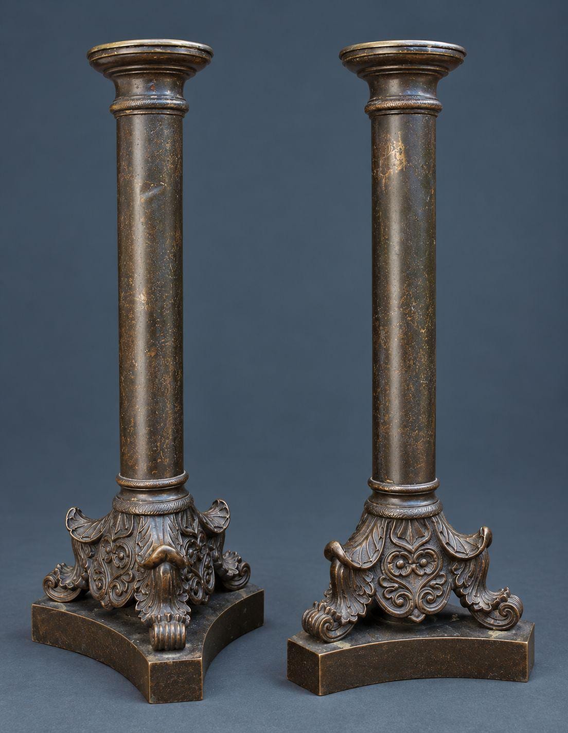 Pair of Antique French Asteare Patent Candlesticks, Spring-Loaded Column Candle Holders with Acanthus Tripod Bases, circa 1850