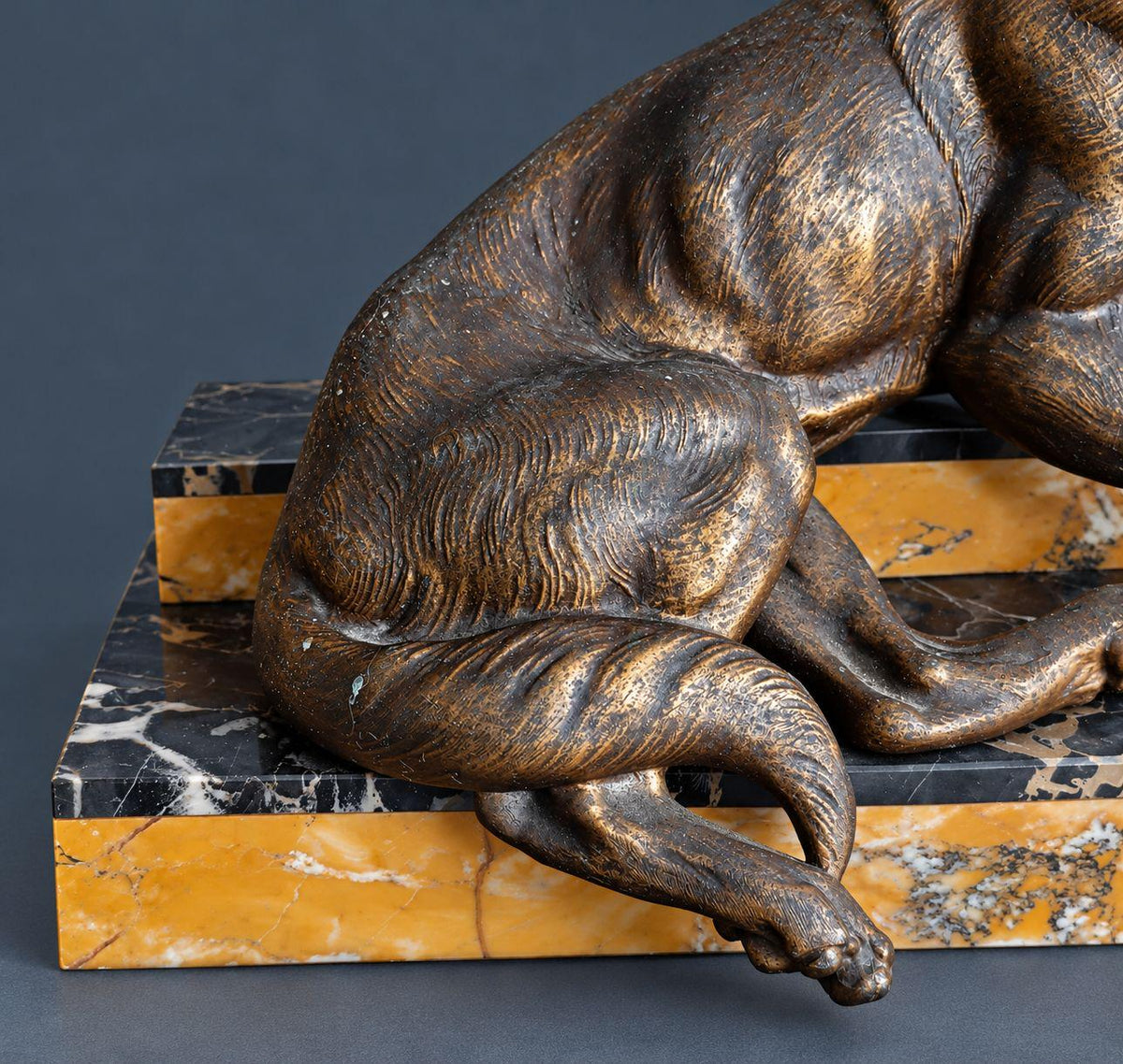 Vintage Art Deco L. Carvin Spelter German Shepherd Dog Sculpture, Signed on Collar, Reclining on Sienna and Portoro Marble Base
