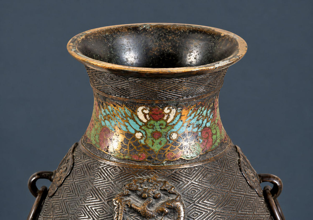 Vintage Large Archaistic Bronze Hu Vase with Cloisonne Enamel Bands, Dragon and Phoenix Decor, Ring Handles, circa 1900-1930
