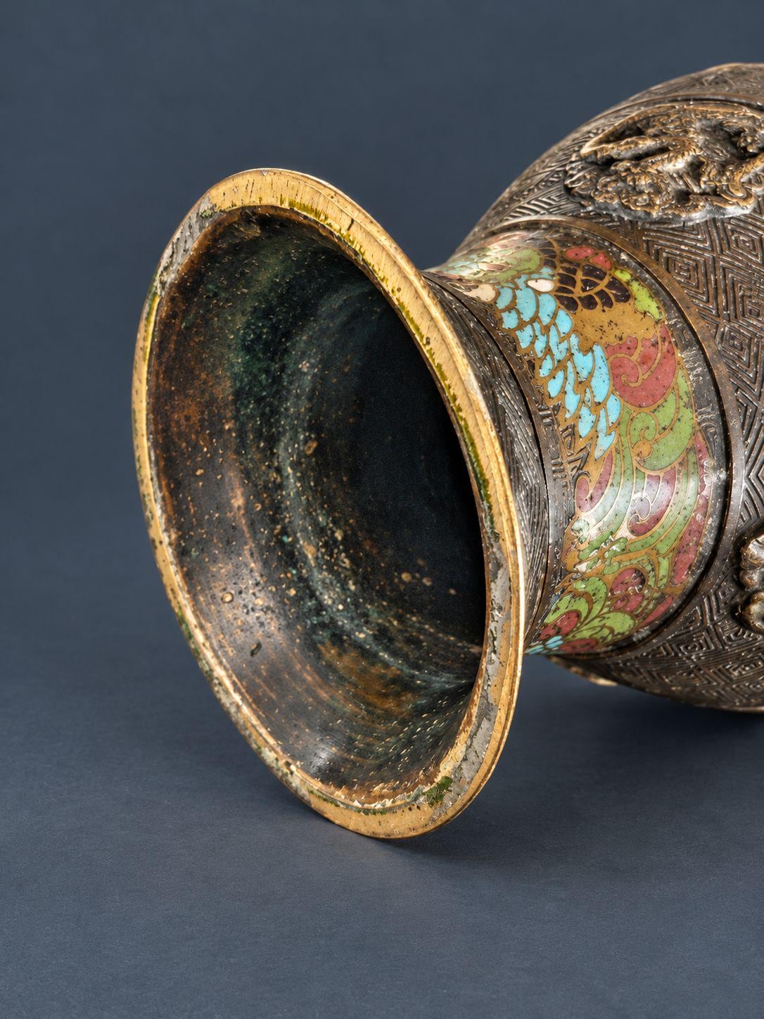 Vintage Large Archaistic Bronze Hu Vase with Cloisonne Enamel Bands, Dragon and Phoenix Decor, Ring Handles, circa 1900-1930