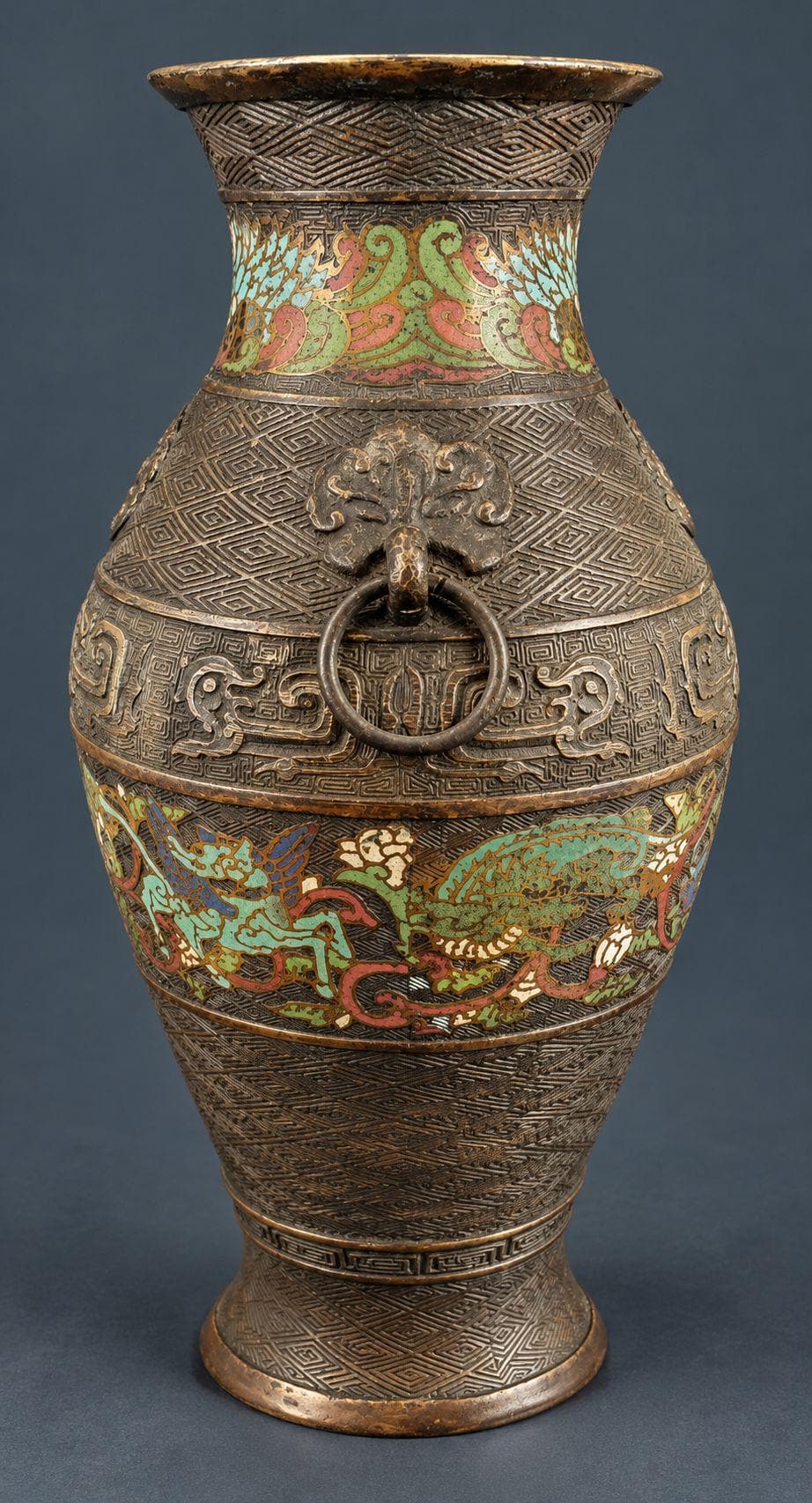 Vintage Large Archaistic Bronze Hu Vase with Cloisonne Enamel Bands, Dragon and Phoenix Decor, Ring Handles, circa 1900-1930