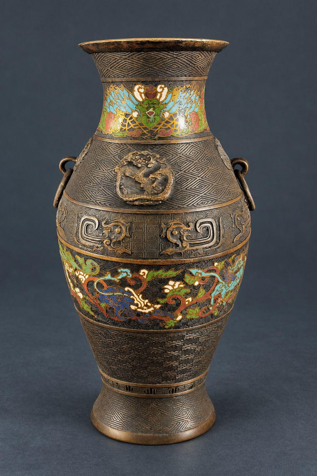 Vintage Large Archaistic Bronze Hu Vase with Cloisonne Enamel Bands, Dragon and Phoenix Decor, Ring Handles, circa 1900-1930
