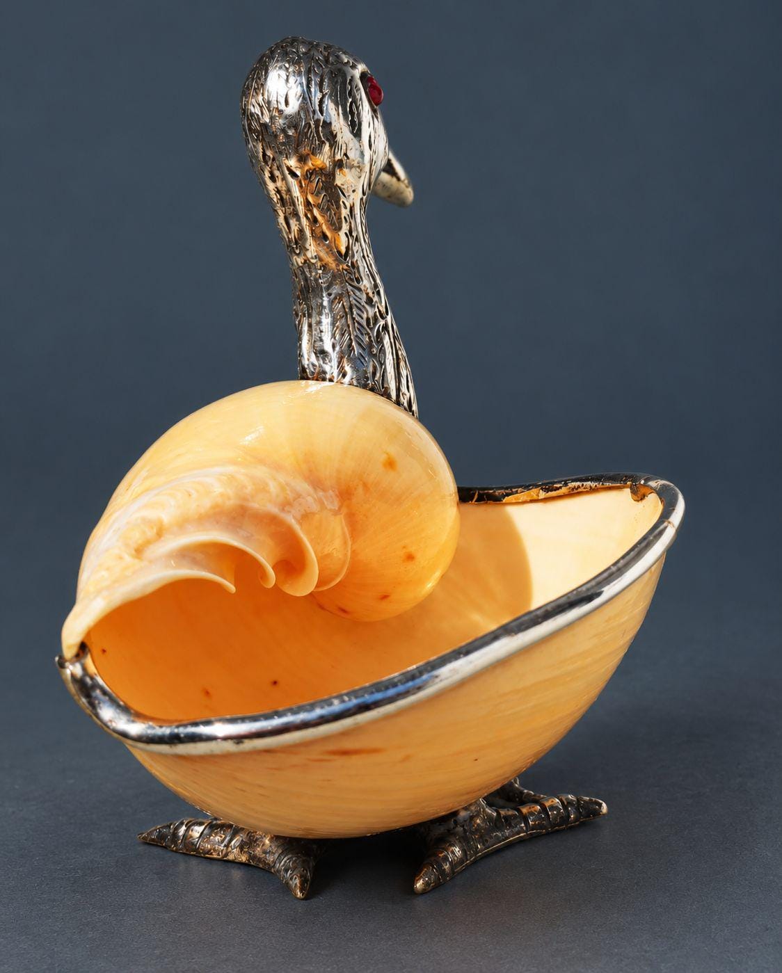 Vintage Silver-Mounted Seashell Duck Sculpture, Large Shell Body with Chased Feather Head and Red Glass Eyes, Desk Decor