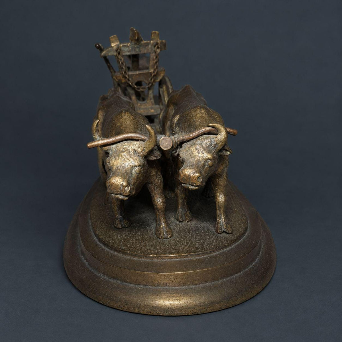 Antique 19th Century Bronze Ox Team and Wheeled Plow Sculpture, Agricultural Fair Trophy, Farmhouse Desk Decor on Oval Base