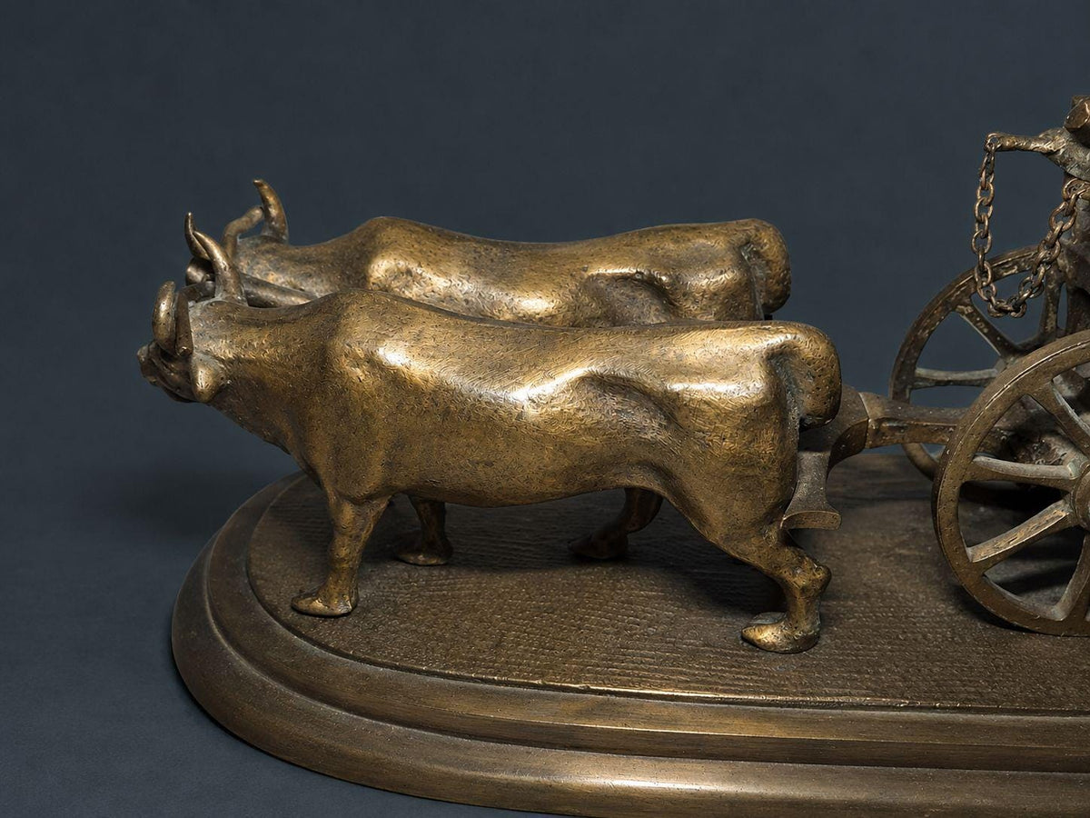 Antique 19th Century Bronze Ox Team and Wheeled Plow Sculpture, Agricultural Fair Trophy, Farmhouse Desk Decor on Oval Base