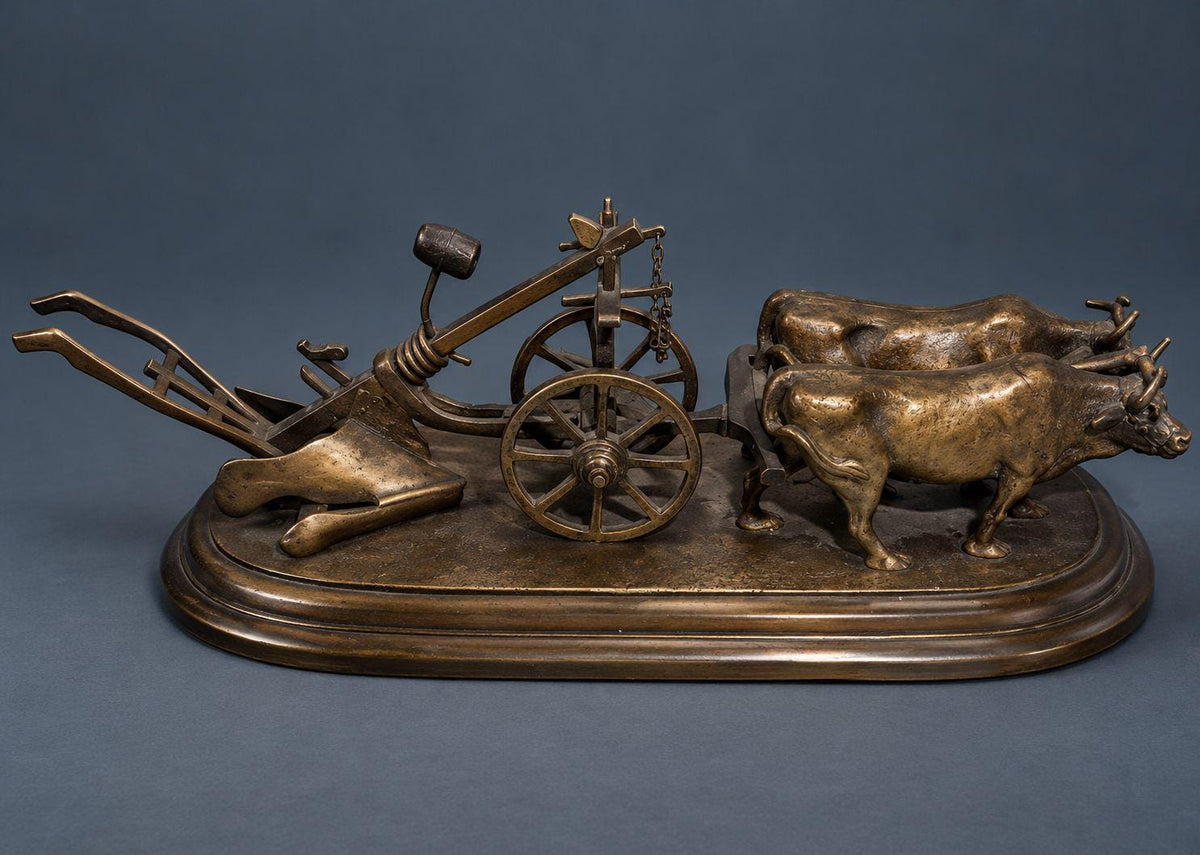Antique 19th Century Bronze Ox Team and Wheeled Plow Sculpture, Agricultural Fair Trophy, Farmhouse Desk Decor on Oval Base