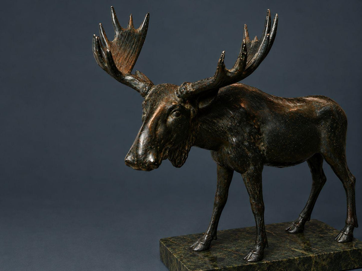 Antique Animalier Bronze Moose Sculpture, Standing Bull with Broad Antlers, Dark Graphite Patina on Stone Base, circa 1890
