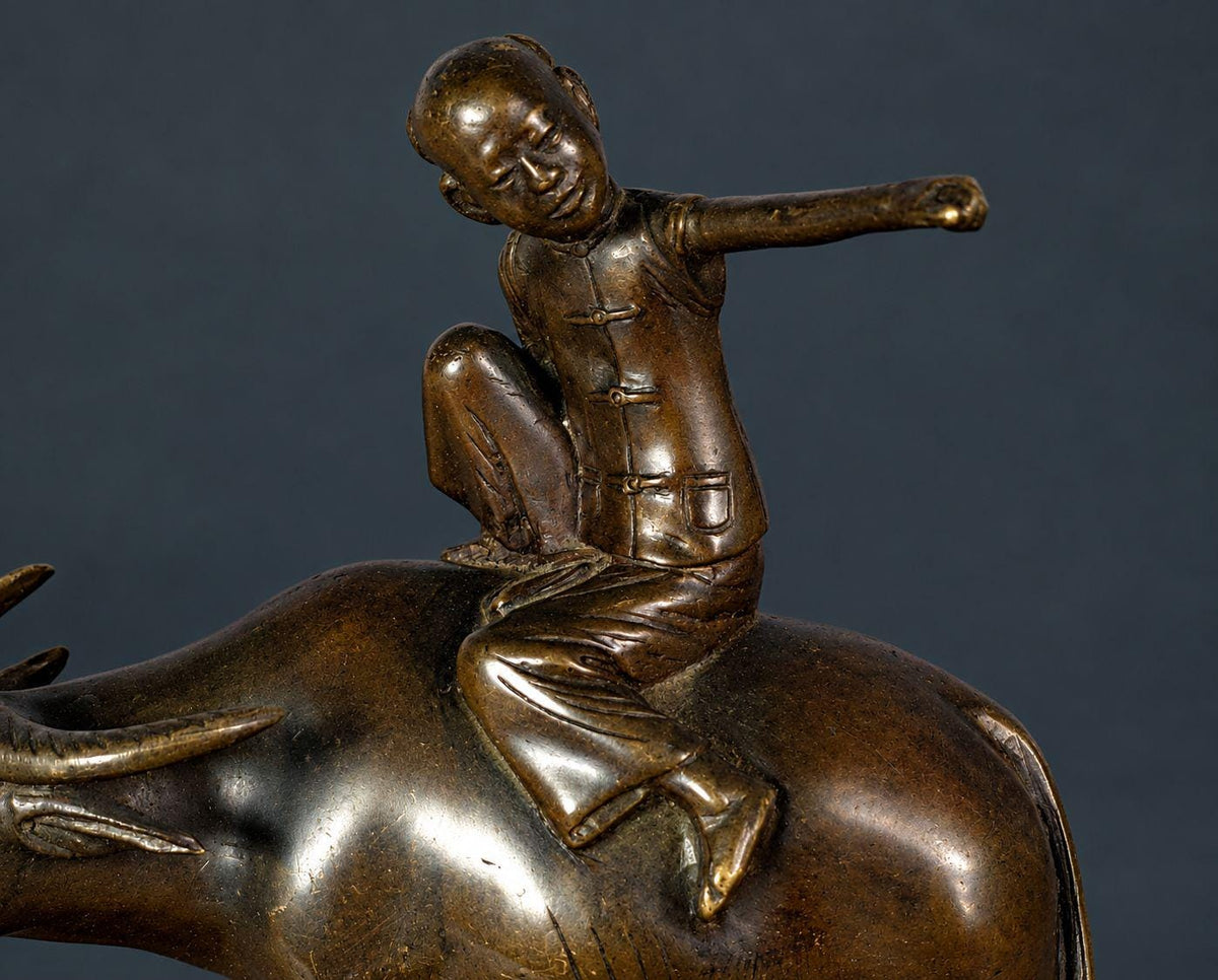 Antique Patinated Bronze Boy Riding a Water Buffalo, Herd Boy Sculpture on Pierced Rockwork Base, Asian Decor, circa 1900