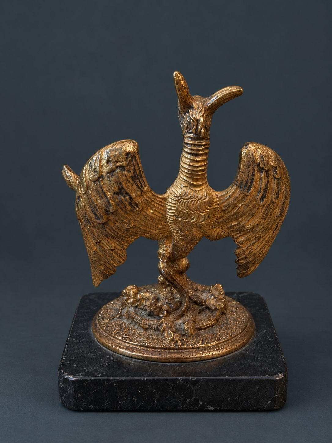 Antique Napoleon III Gilt Bronze Winged Chimera Sculpture, Horned Dragon Demon Perched on Serpent-Coiled Stump, Black Base