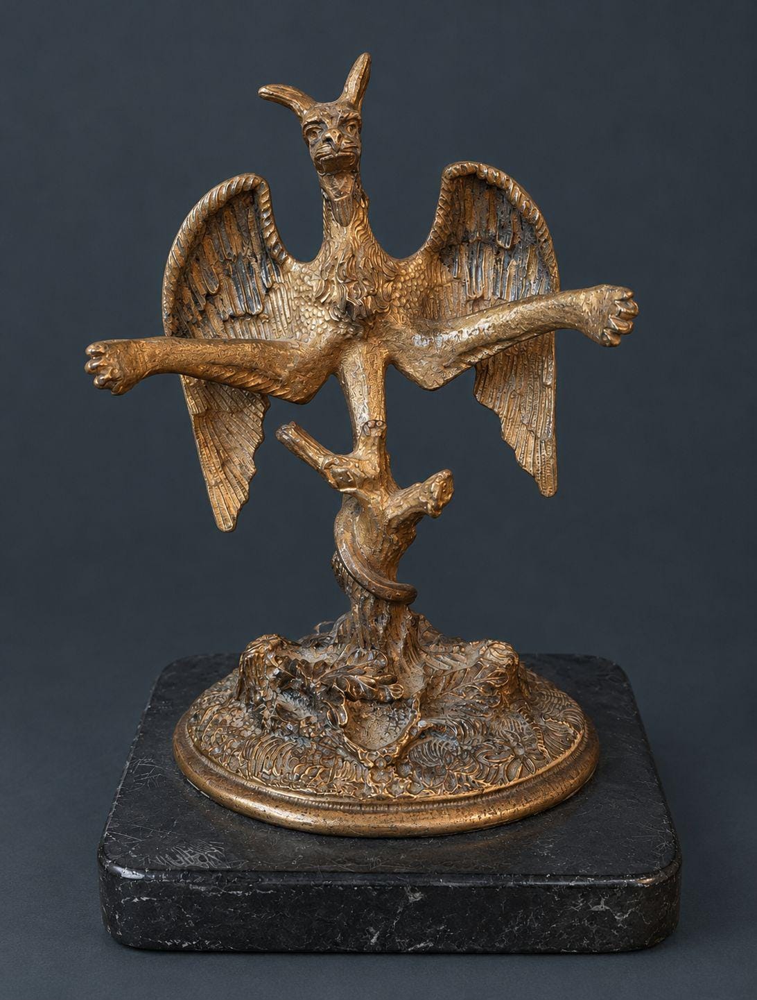 Antique Napoleon III Gilt Bronze Winged Chimera Sculpture, Horned Dragon Demon Perched on Serpent-Coiled Stump, Black Base