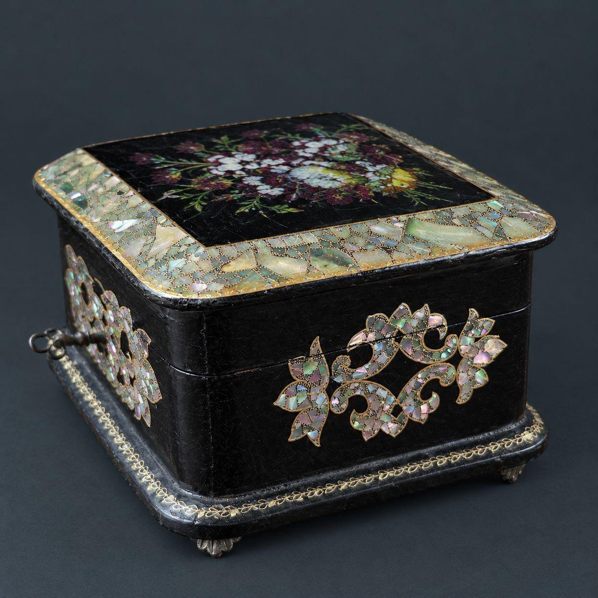 Antique Napoleon III Papier Mache Jewelry Box with Mother of Pearl Inlay, Painted Violets Lid, Tufted Silk Interior and Key