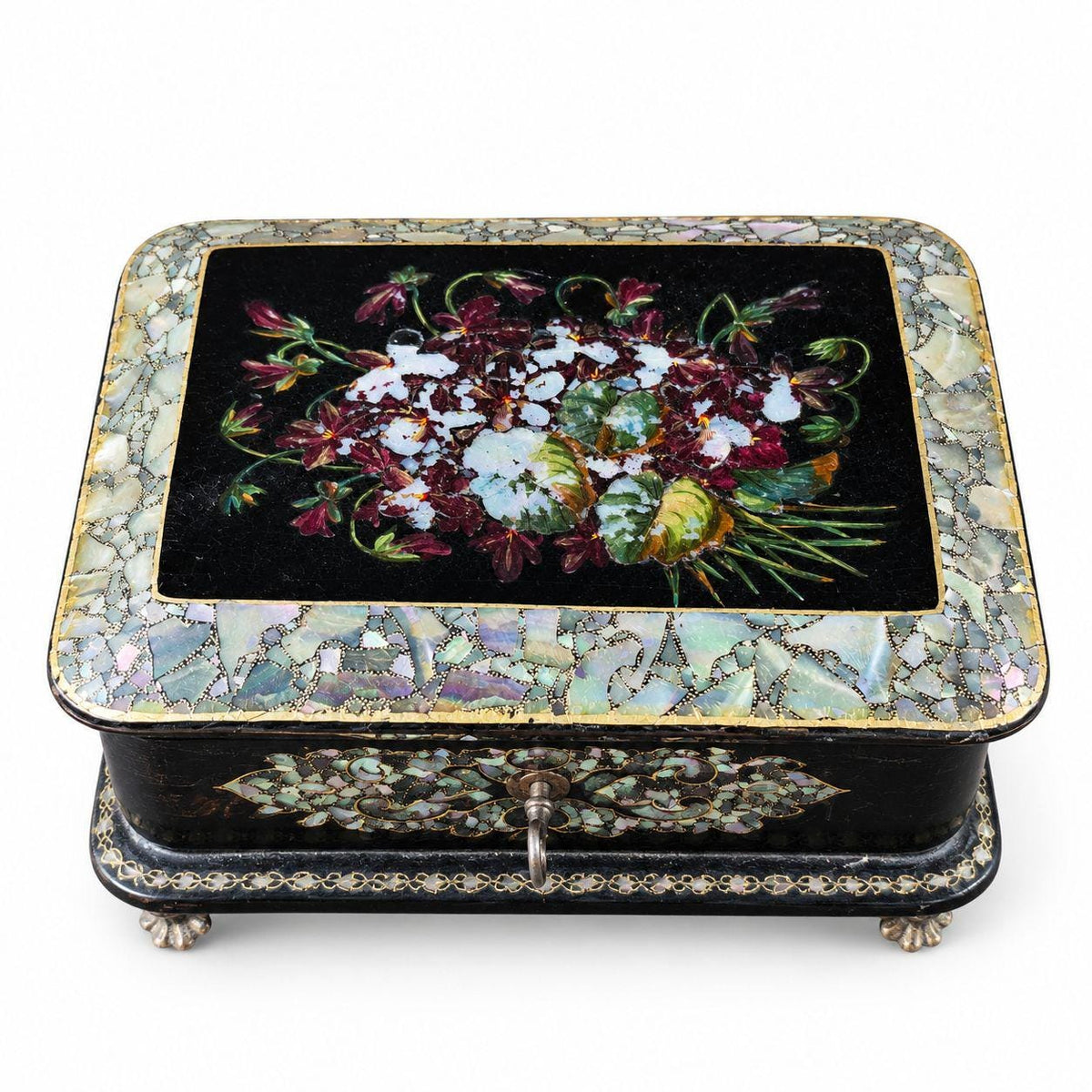 Antique Napoleon III Papier Mache Jewelry Box with Mother of Pearl Inlay, Painted Violets Lid, Tufted Silk Interior and Key