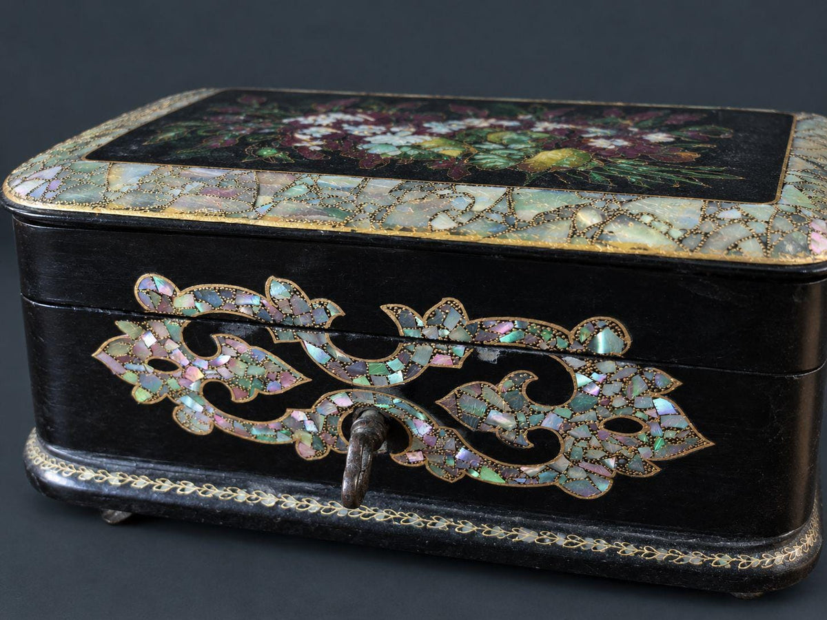 Antique Napoleon III Papier Mache Jewelry Box with Mother of Pearl Inlay, Painted Violets Lid, Tufted Silk Interior and Key