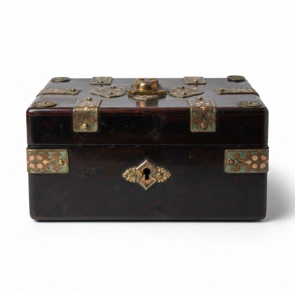 Antique Napoleon III Egyptian Revival Ebonized Box with Enameled Brass Pharaoh Head and Strapwork Mounts, Purple Silk Lining