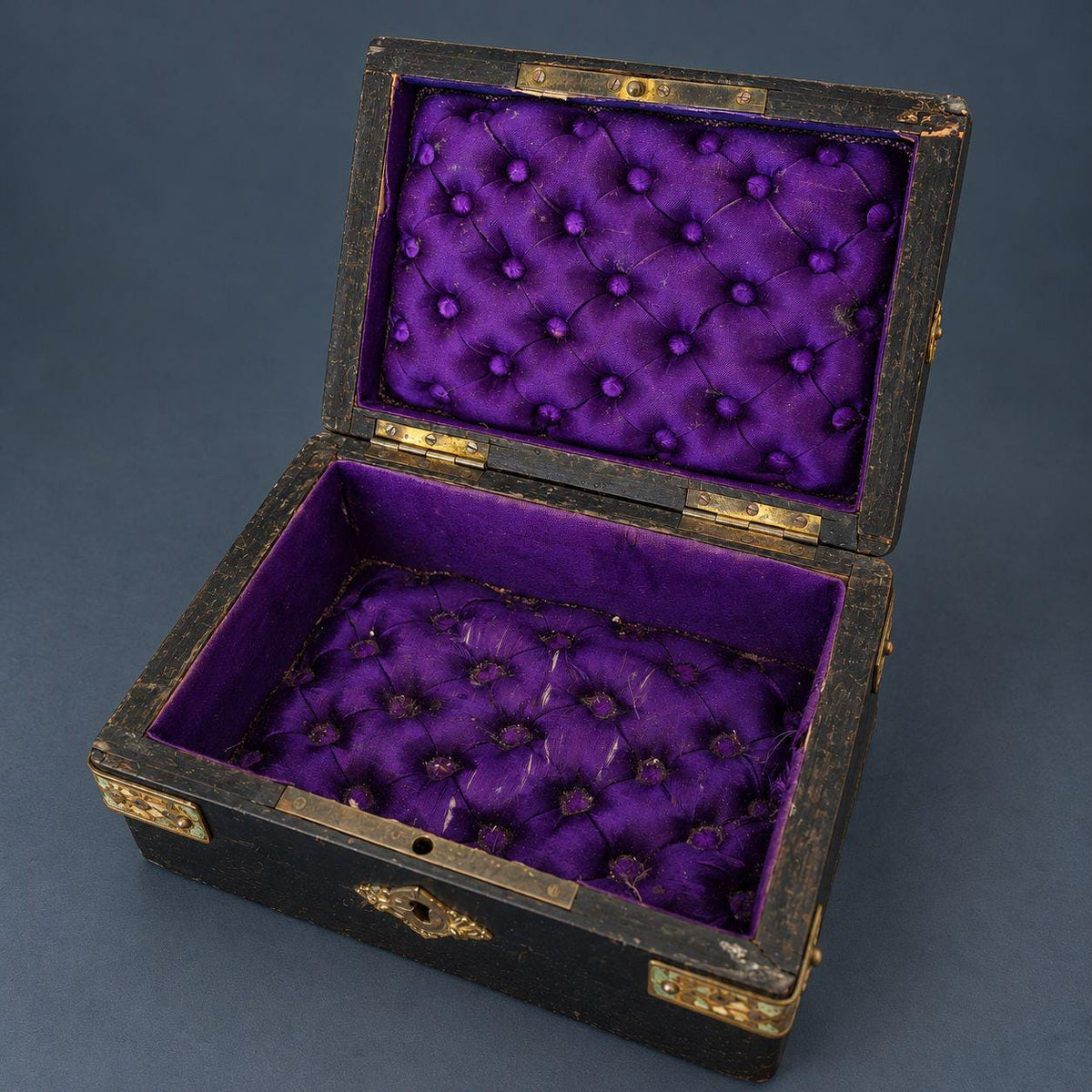 Antique Napoleon III Egyptian Revival Ebonized Box with Enameled Brass Pharaoh Head and Strapwork Mounts, Purple Silk Lining