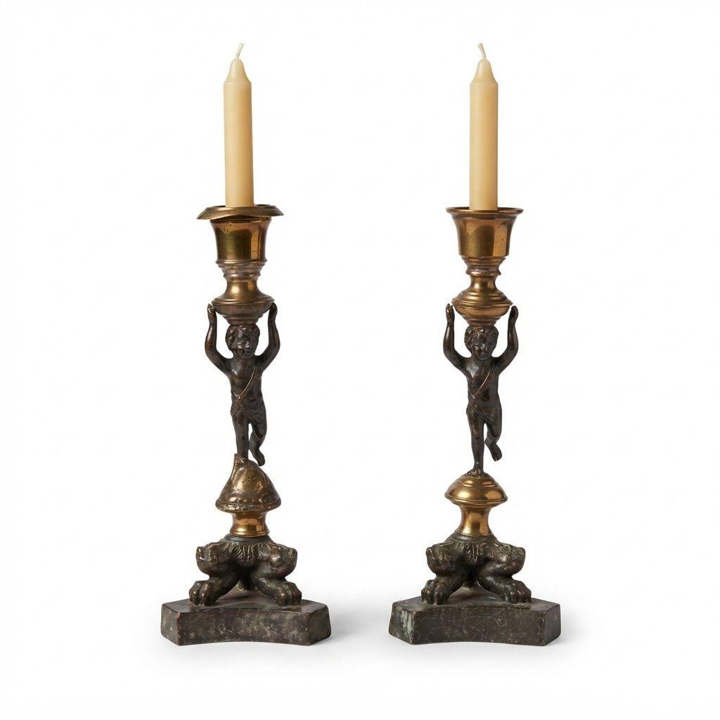 Pair of Antique Restauration Era Cherub Candlesticks, Bronze Putti Holding Brass Cups on Lion Paw Tripod Bases, 19th Century