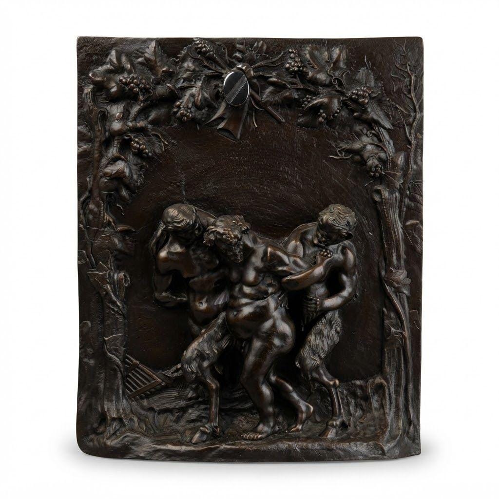 Antique 19th Century Bronze Bas-Relief Plaque, Drunken Silenus Supported by Two Satyrs Under a Grapevine Arch, Bacchanal