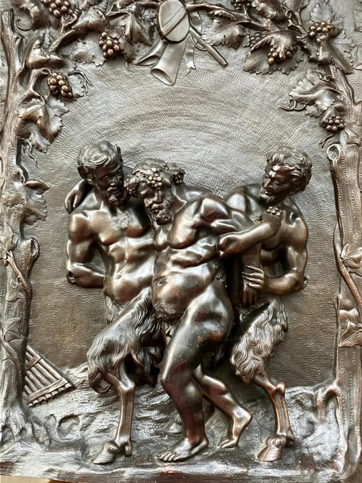 Antique 19th Century Bronze Bas-Relief Plaque, Drunken Silenus Supported by Two Satyrs Under a Grapevine Arch, Bacchanal
