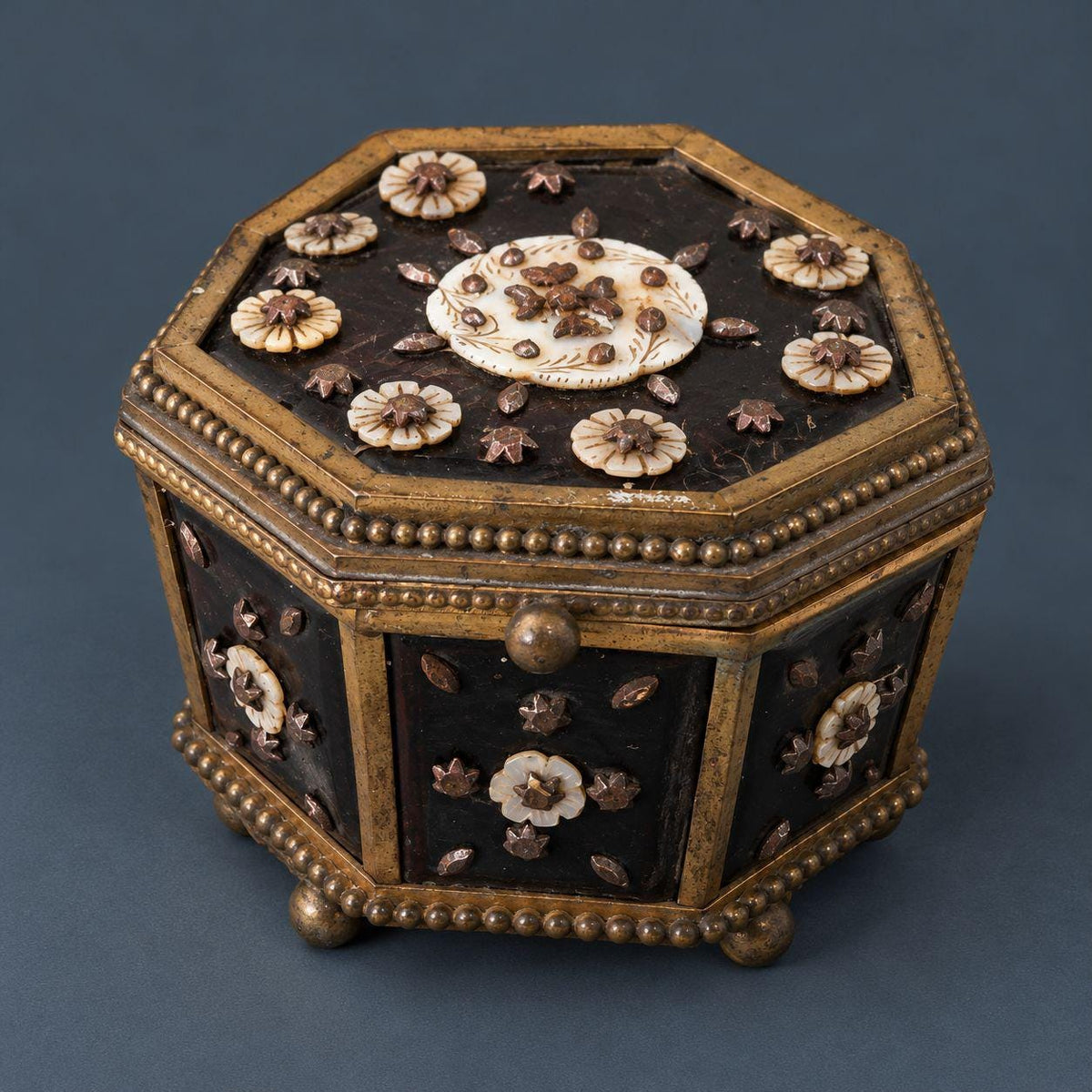 Antique Napoleon III Octagonal Jewelry Box with Mother of Pearl Flowers and Cut Steel Studs, Gilt Brass Frame on Ball Feet
