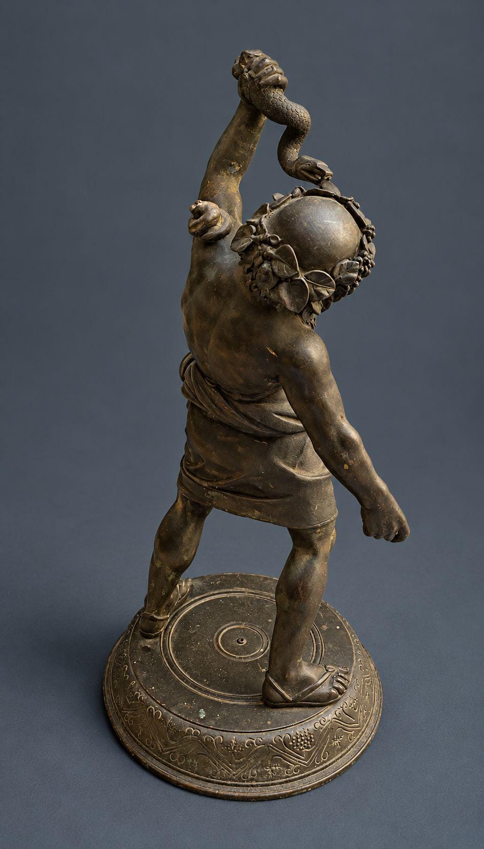 Antique 19th Century Grand Tour Drunken Silenus Statue, Dancing with a Snake, After the Pompeii Original, Patinated on Base