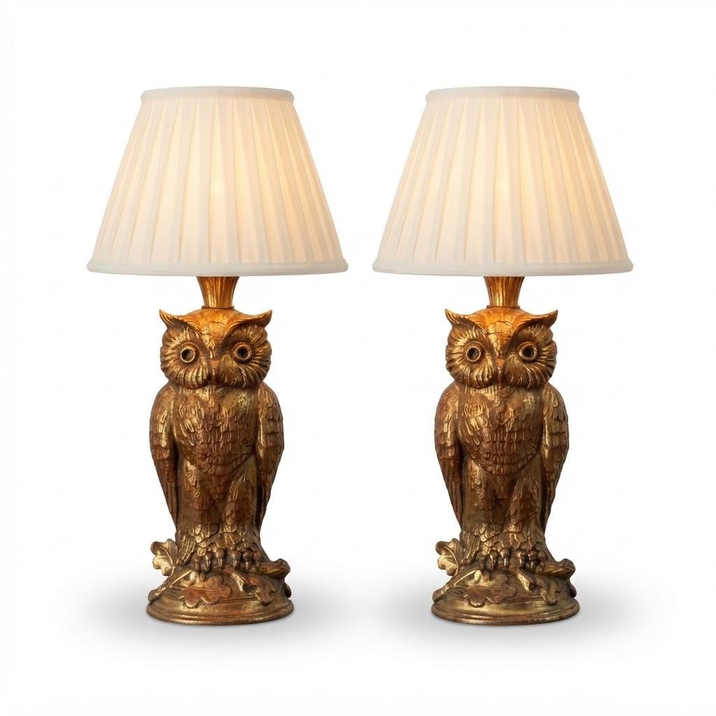 Pair of Vintage 1960s Gilt Metal Owl Table Lamps, Horned Owls Perched on Oak Leaf Branches, Hollywood Regency Bedside Lighting