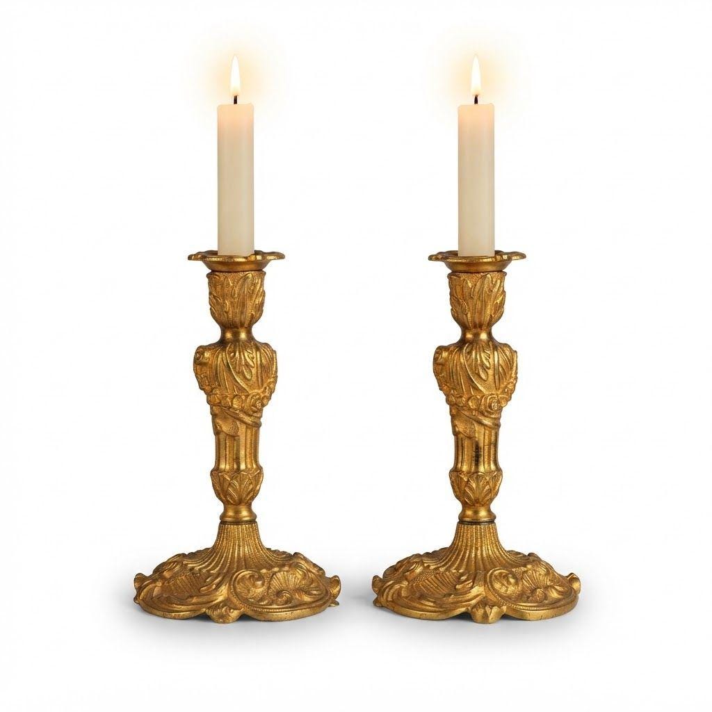 Pair of Antique 19th Century Gilt Bronze Rococo Candlesticks, Rocaille Shell Bases, Flower Garland Stems, Removable Bobeches