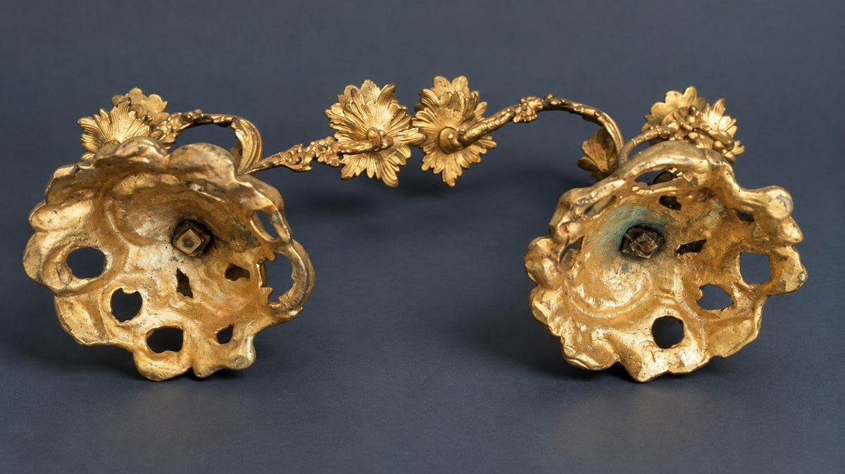 Pair of Antique 19th Century Louis XV Style Gilt Bronze Two-Light Candelabra, Rocaille Arms with Flowers and Pierced Bases