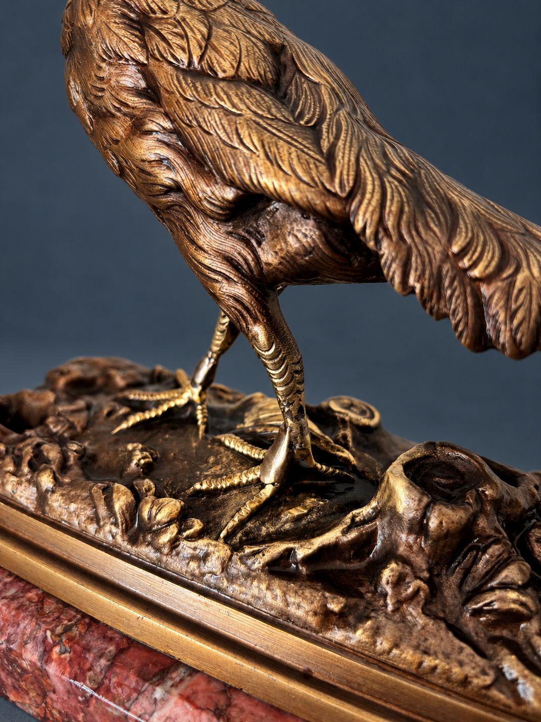 Antique 19th Century French Bronze Pheasant Sculpture, Crested Golden Pheasant with Long Tail on Rouge Marble Plinth