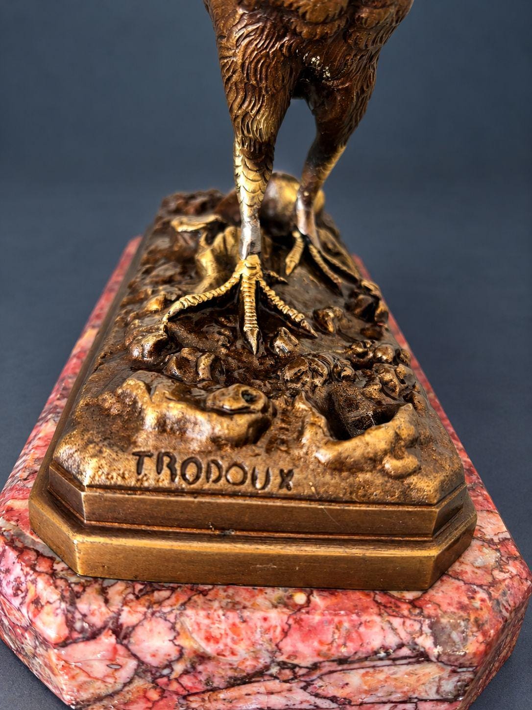 Antique 19th Century French Bronze Pheasant Sculpture, Crested Golden Pheasant with Long Tail on Rouge Marble Plinth