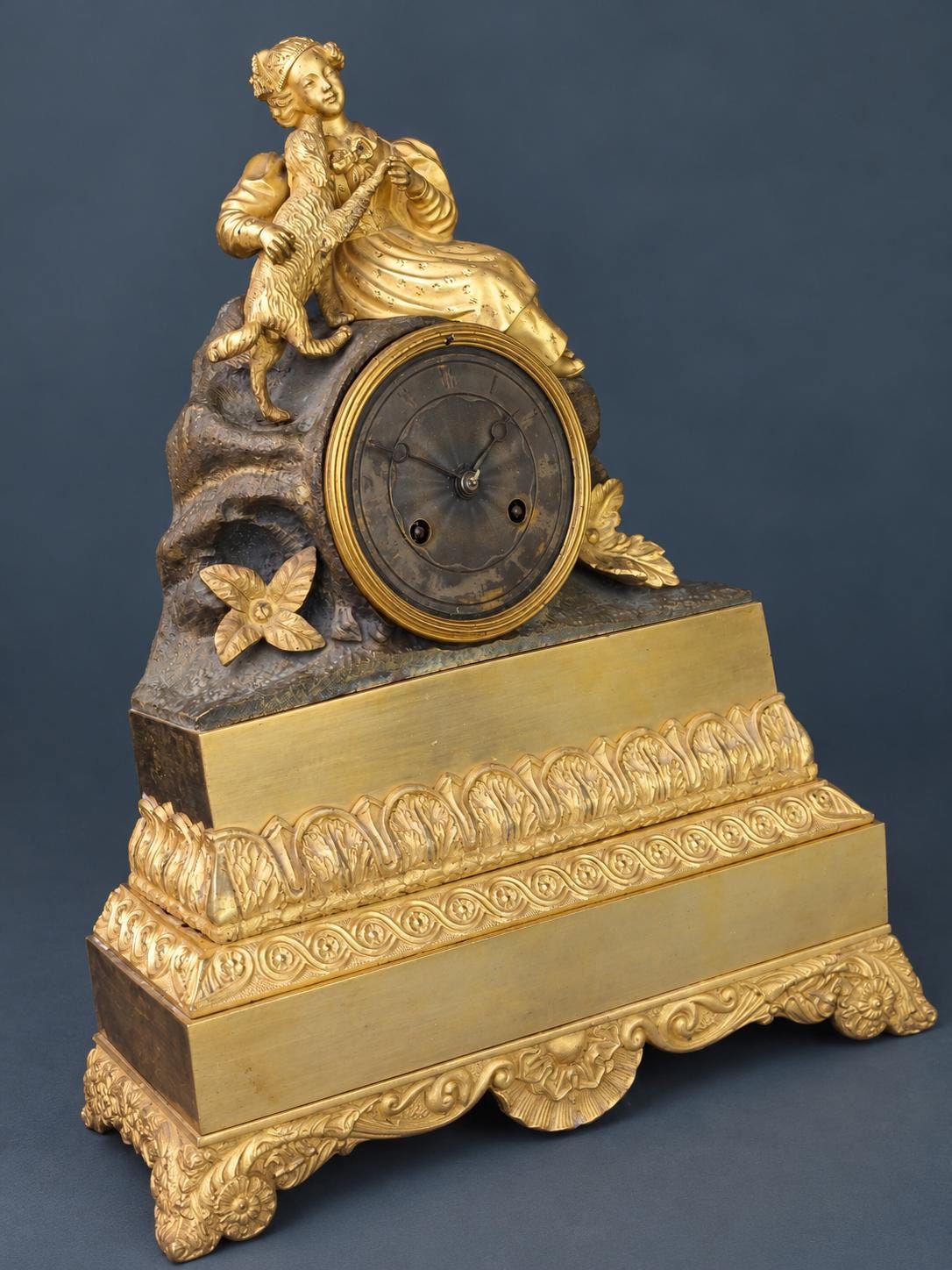 Antique Louis-Philippe Gilt Bronze Mantel Clock, Girl in Bonnet Playing with Her Spaniel, circa 1840, Sold for Restoration