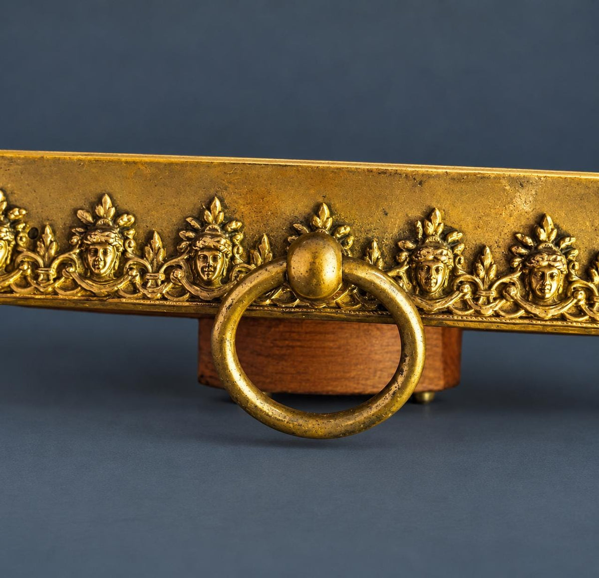 Antique French Gilt Brass Aneroid Barometer, Square Empire Style Frame with Gilt Mask Corner Mounts and Ring Hanger, 1890s