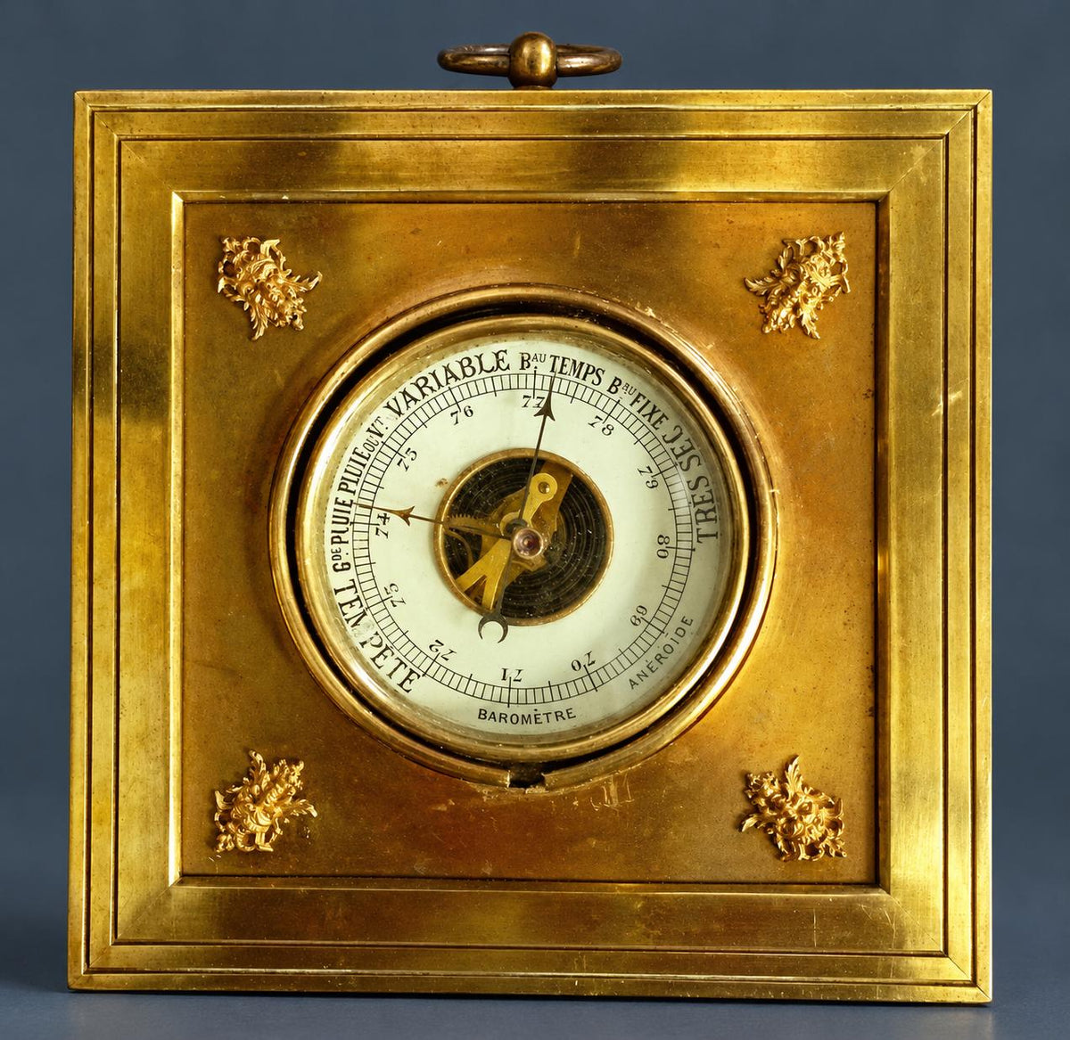 Antique French Gilt Brass Aneroid Barometer, Square Empire Style Frame with Gilt Mask Corner Mounts and Ring Hanger, 1890s