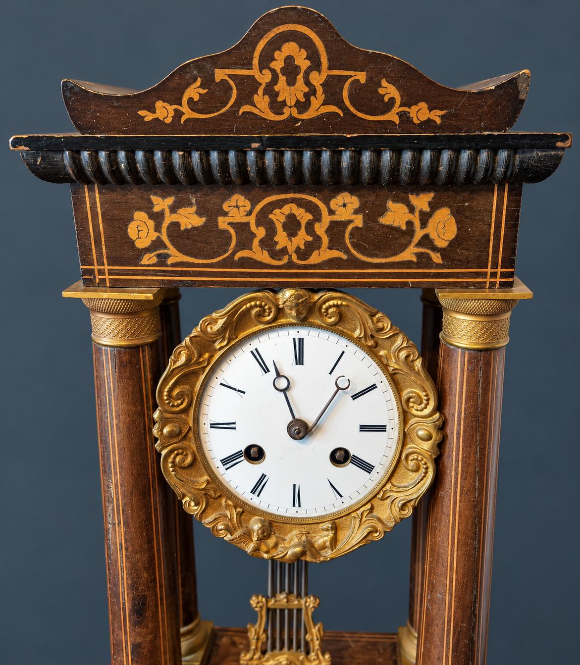 Antique Charles X Portico Mantel Clock with Inlaid Wood Marquetry, Four Columns, Gilt Bronze Dial Surround, circa 1830