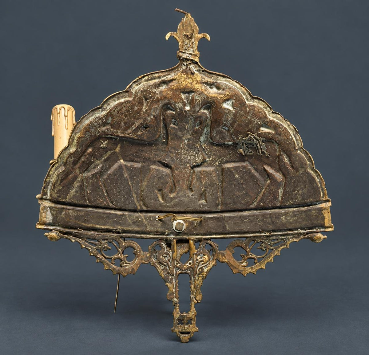 Pair of Antique Brass Two-Arm Wall Sconces, Pierced Ottoman Style Backplates with Scrolling Piano Sconce Arms, 19th Century